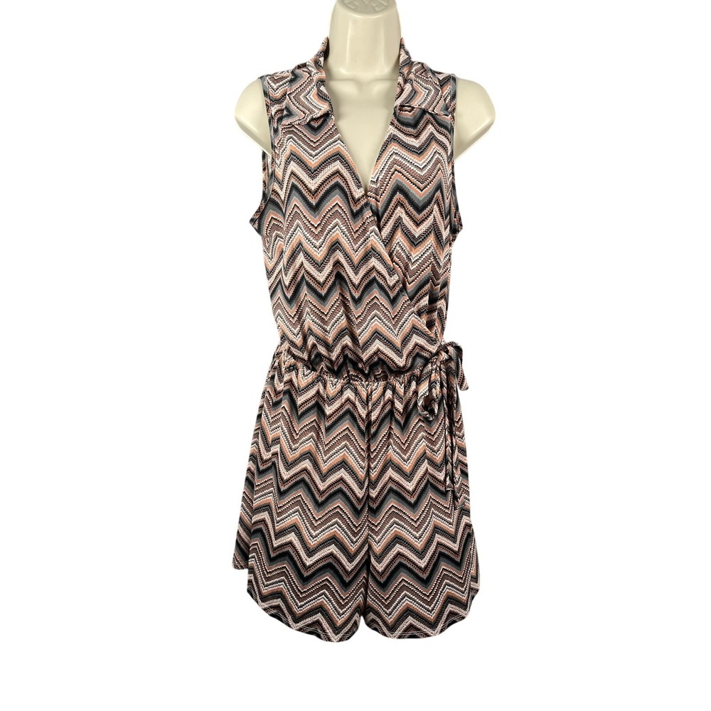 Espresso Romper‎ Womens Large Peach Gray Chevron Jersey Knit Sleeveless Collared